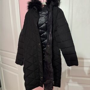 Calvin Klein Women's Black Puffer Coat with Faux Fur Trim